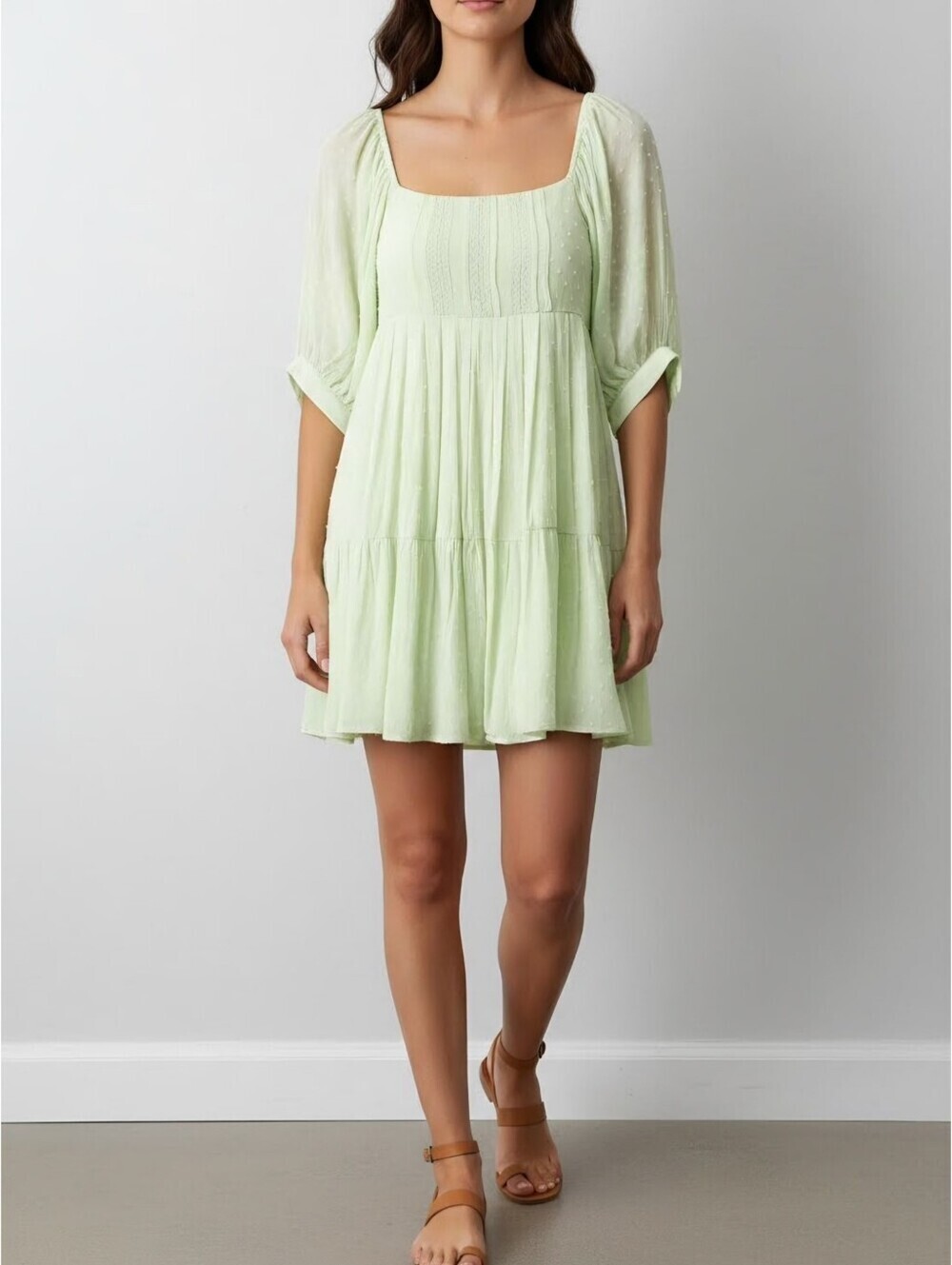 New! Bohemian Crochet Peasant Tier Swiss Dot Balloon Sleeve Cottagecore Dress